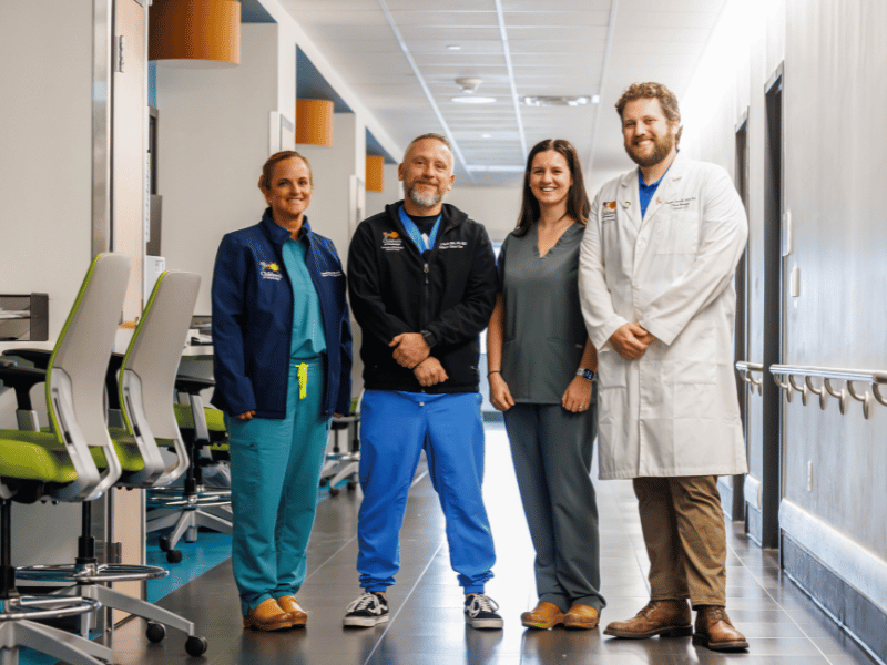 Among the PICU team members at Children's of Mississippi are, from left, registered nurse Lauren Gordon; Wesley Smith, director of nursing children’s hospital services in the PICU and the Pediatric Emergency Department; nurse educator Colbie Baird; and nurse manager Gordon Gartrell.